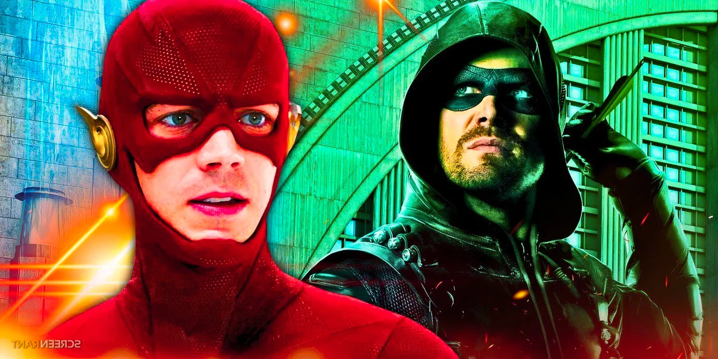 Stephen Amell's Green Arrow and Grant Gustin's The Flash with the Arrowverse's Hall of Justice in the background Image