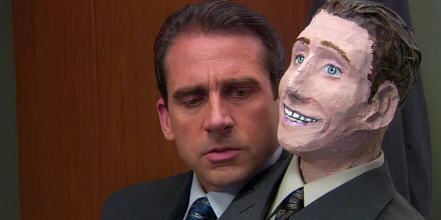 Steve Carrell as Michael Scott holding a ventriloquist dummy in The Office season 2 Image