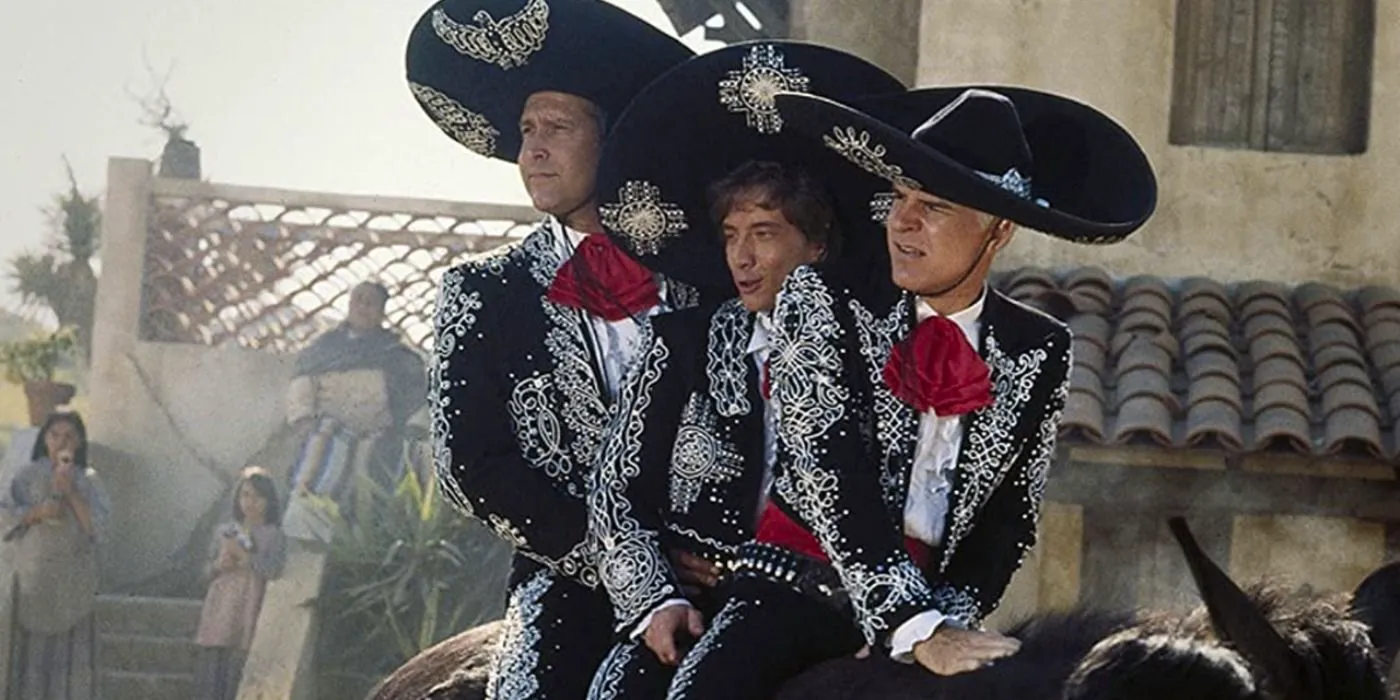 Steve Martin, Martin Short, and Chevy Chase as the Three Amigos riding a horse. Image