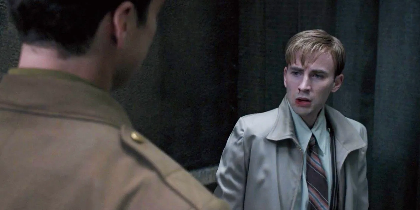 Steve Rogers speaks to Bucky Barnes in an alley after a fight in Captain America The First Avenger Image