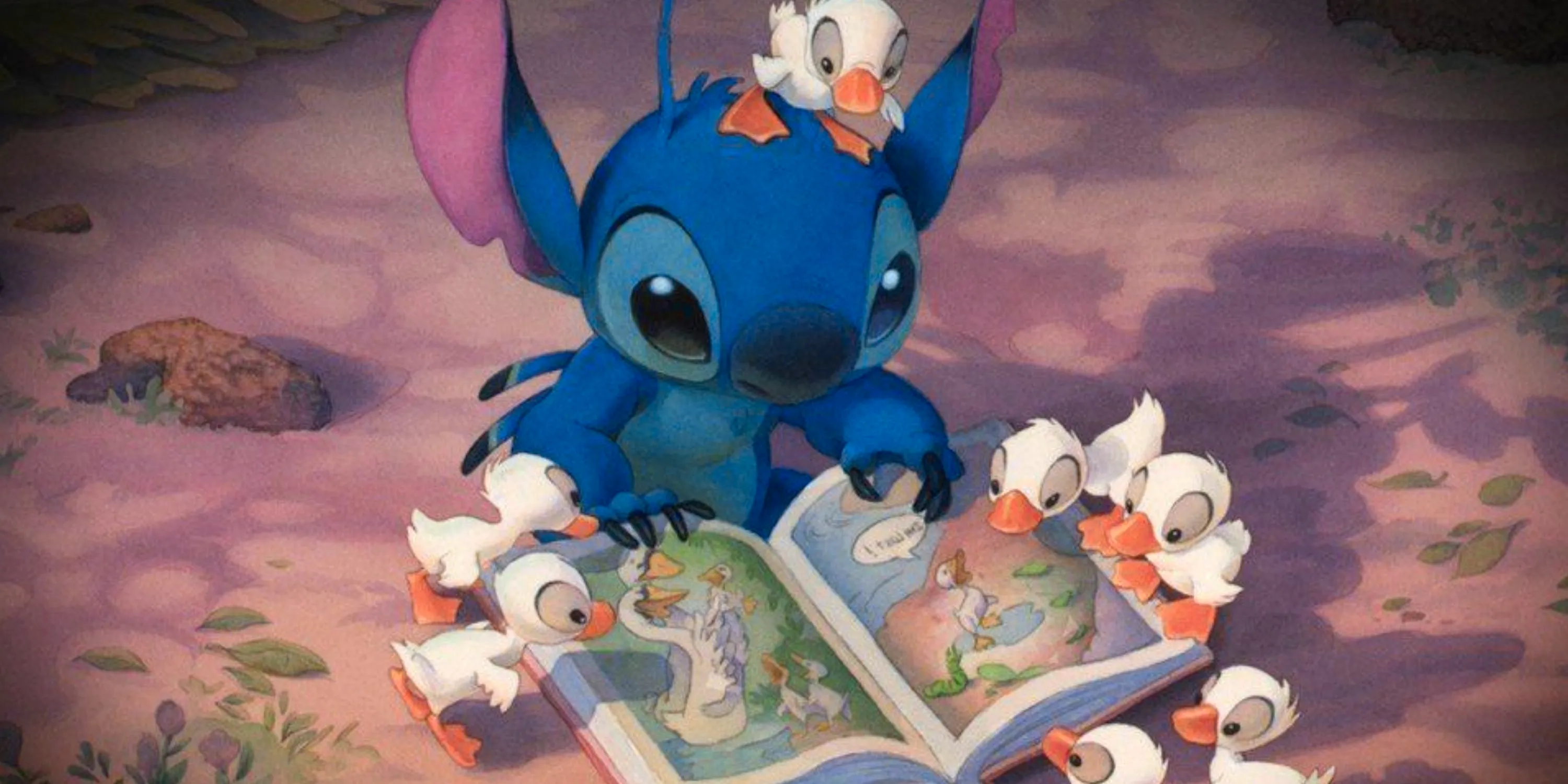 Stitch reading the ugly duckling to ducklings in Lilo and Stitch (2002) Image