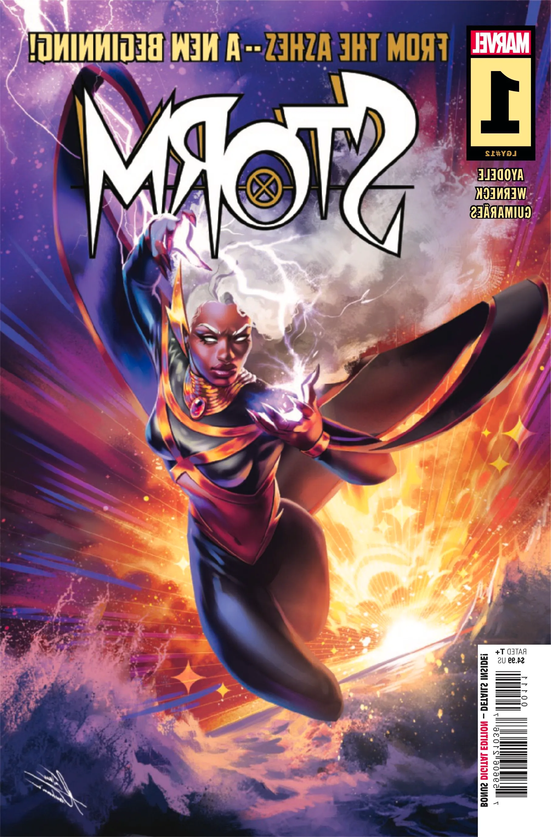 Storm #1 Cover by Mateus Manhanini - Storm soars through the glowing sky with purple lighting Image