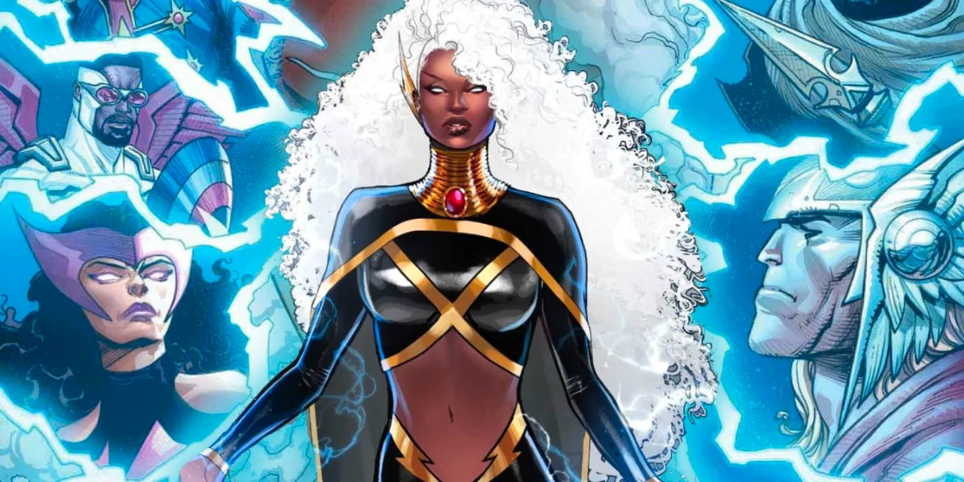 Storm conjuring lightning, surrounded by the profiles of her new Avengers teammates. Image