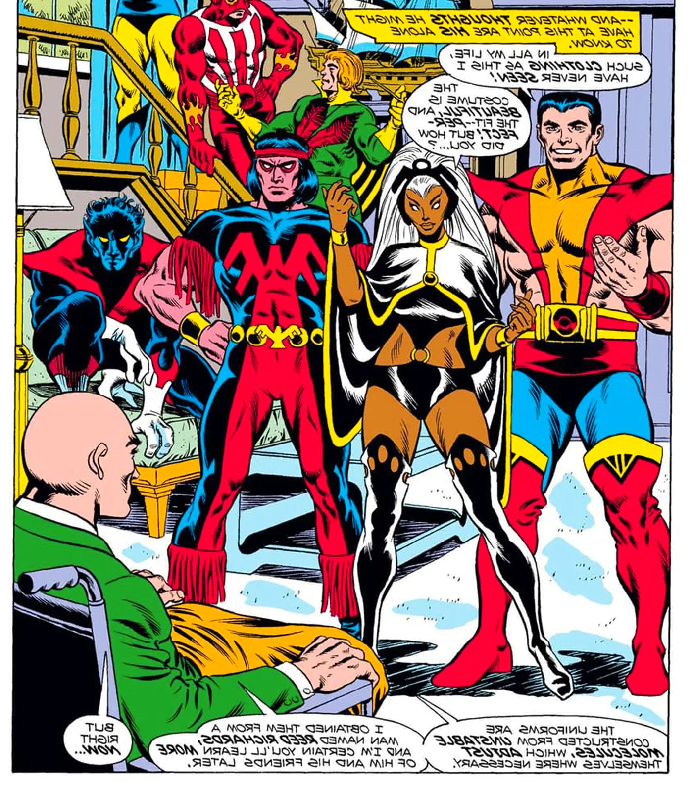 Storm's first X-Men uniform, from Giant-Size X-Men (1975) #1. It's a black top and underwear joined by a ring at her navel, with thigh-high boots and a cape, all in black. Image