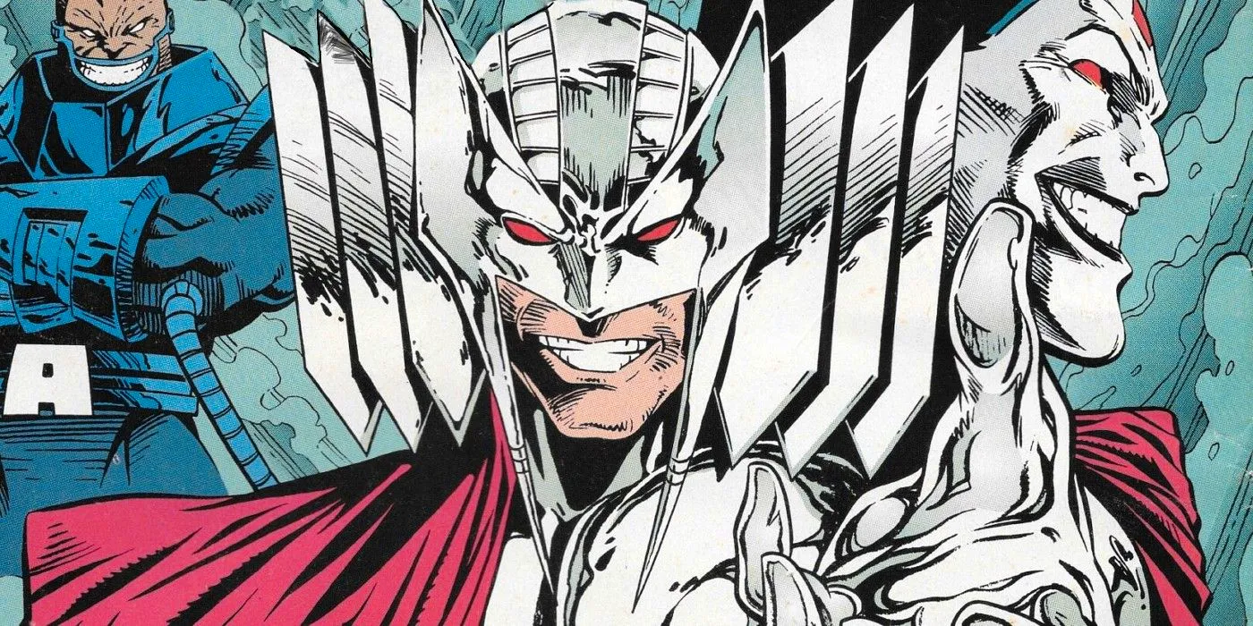 Stryfe, a foe of the X-Men, smiles menacingly, Apocalypse standing to his back right.  Image