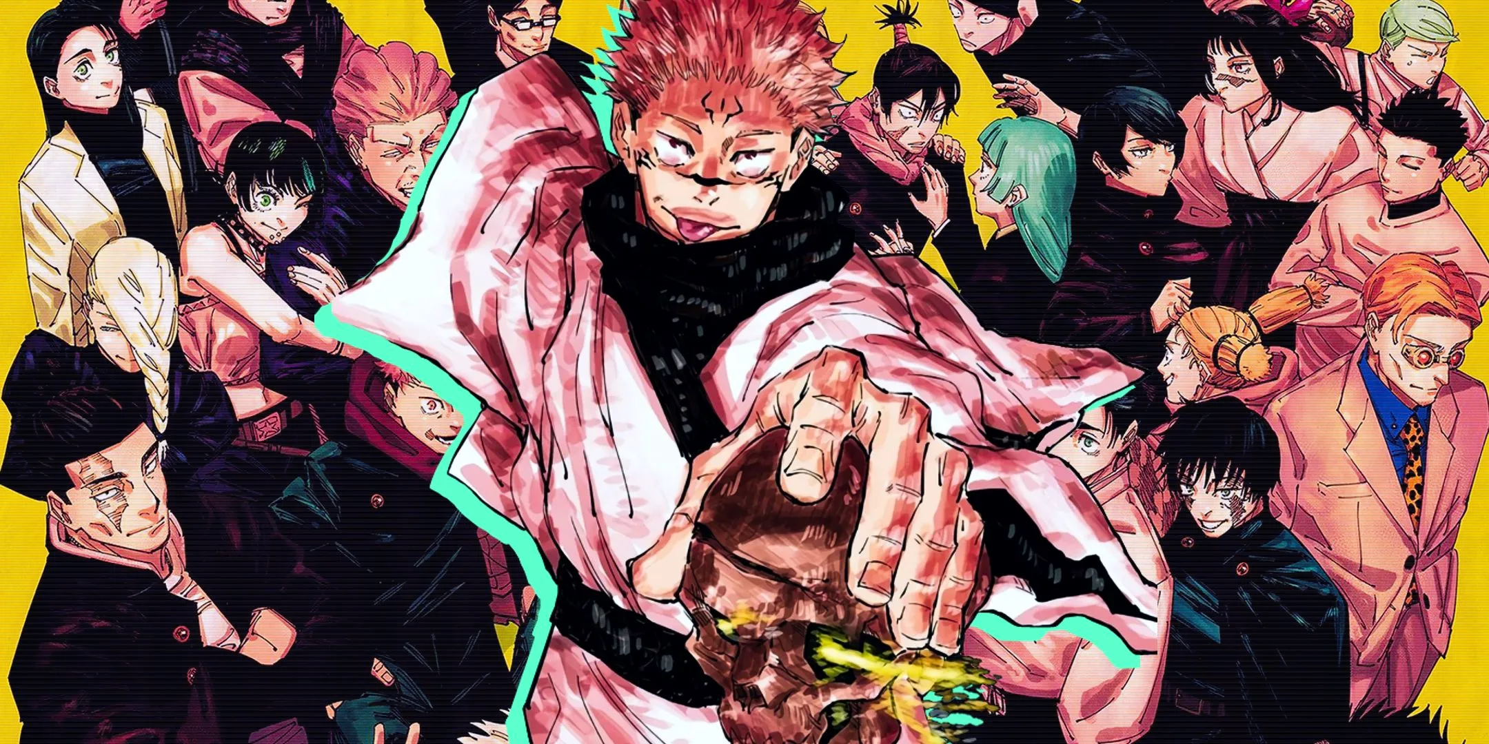 sukuna from jujutsu kaisen sticking his tongue out holding a skull with characters from jujutsu kaisen in the background Image