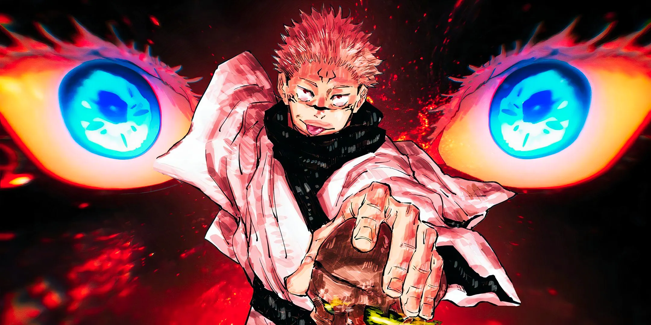 Sukuna from jujutsu kaisen with his hand on a skull smiling and sticking his tongue out with gojo's eyes in the background Image