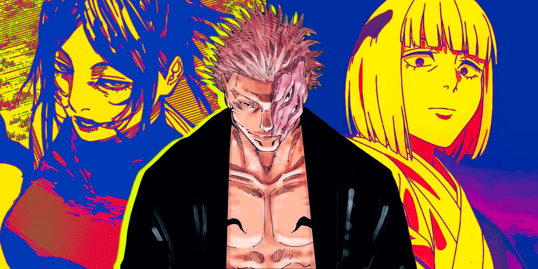 sukuna in his true form in jujutsu kaisen smiling slightfly in the center with uraume in the background to the left and yorozu as seen in tsumiki's body in the background to the right Image