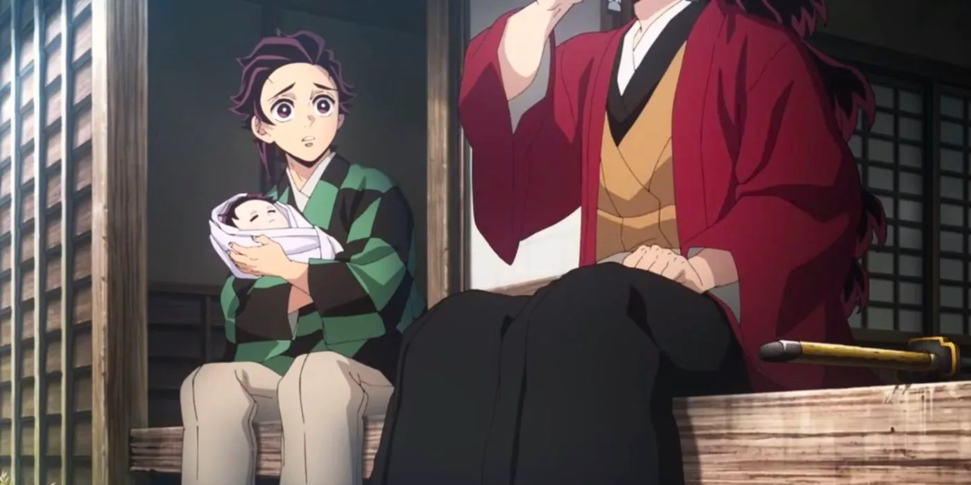 Sumiyoshi Kamado holding his baby and talking to a Hashira Image