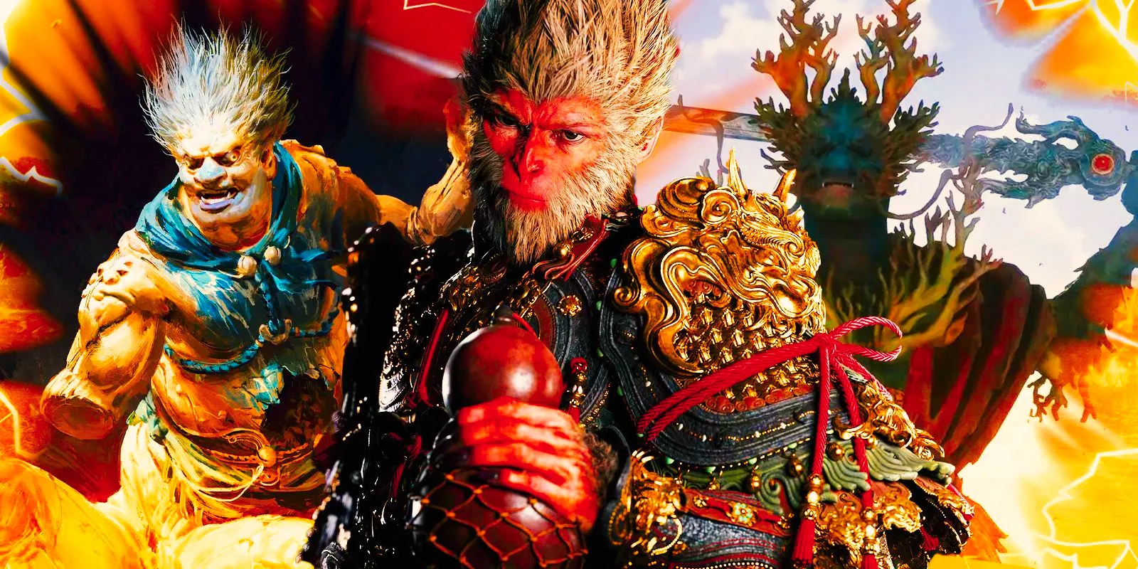 Sun Wukong with two bosses from Black Myth: Wukong behind him. Image