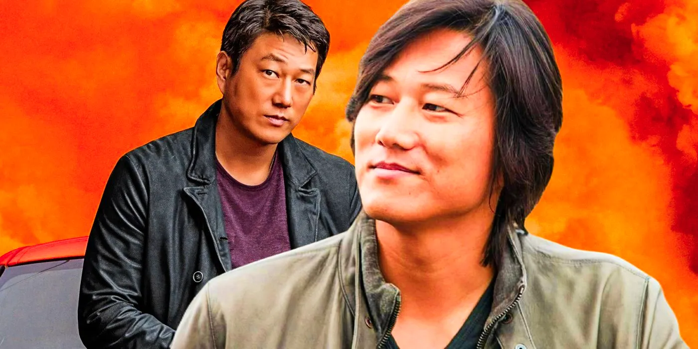 Sung Kang as Han leaned against a car and smiling slightly against and orange background in the Fast & Furious franchise Image