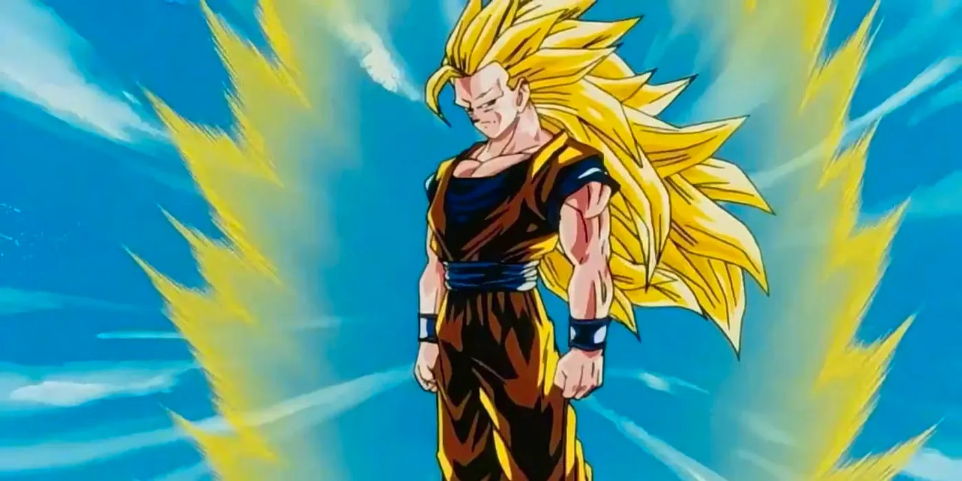 Super Saiyan 3 Goku floats with an aura of yellow energy around him. Image