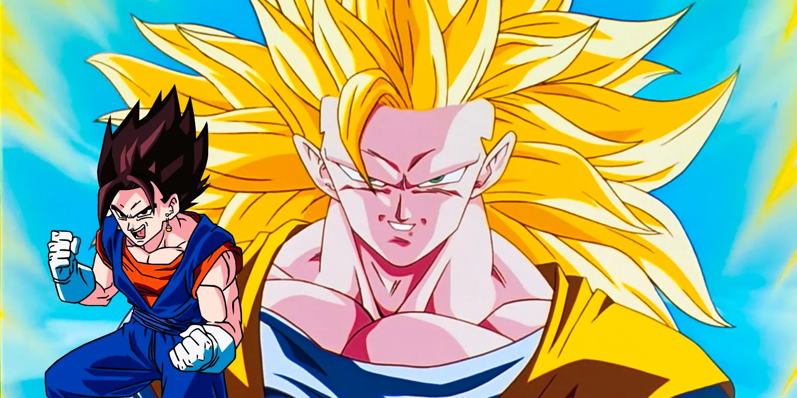 Super Saiyan 3 Goku smiling as Vegito stands in the corner with a cocky expression. Image