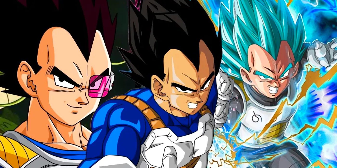 Super Saiyan Blue Vegeta to the left of a centered base-form Vegeta next to Vegeta with a scouter an armor of the right Image