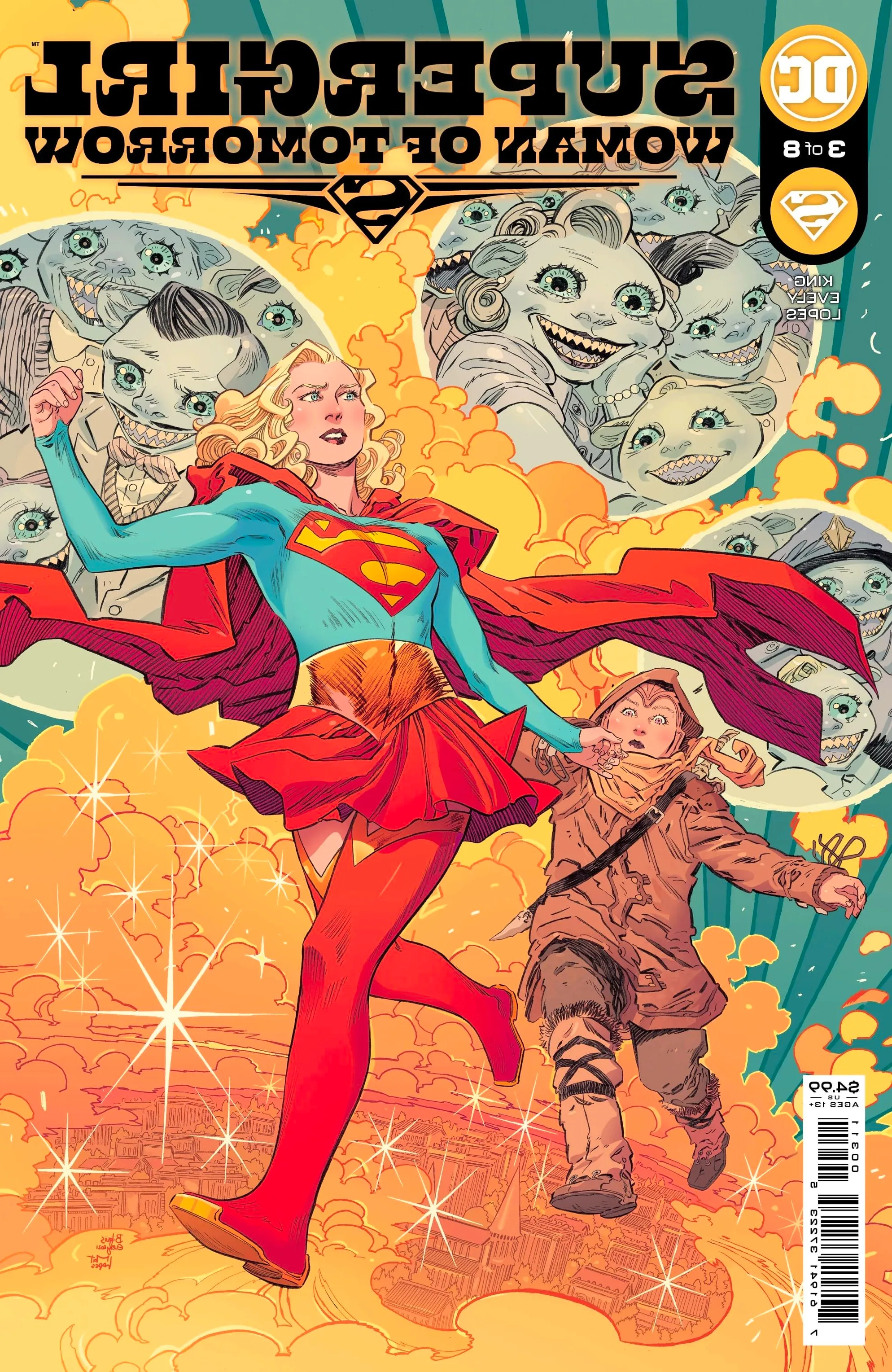 Supergirl holds the arm of a young woman as they run. Behind them, bubbles rise, holding the grinning fishlike faces of an alien species. Image