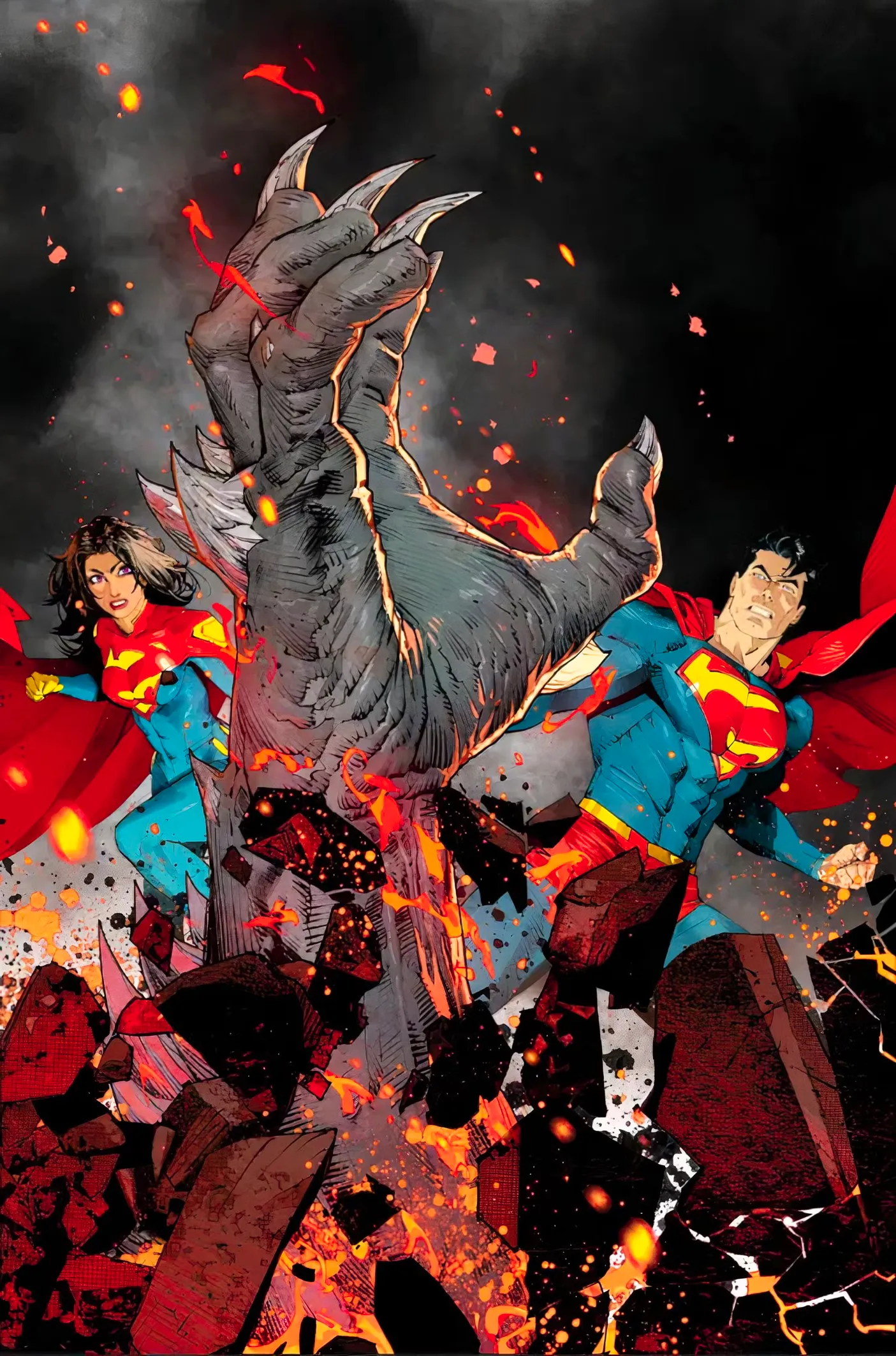 Superman 20 Main Cover Solicit: Doomsday's hand bursts from the earth between Superman and Superwoman. Image