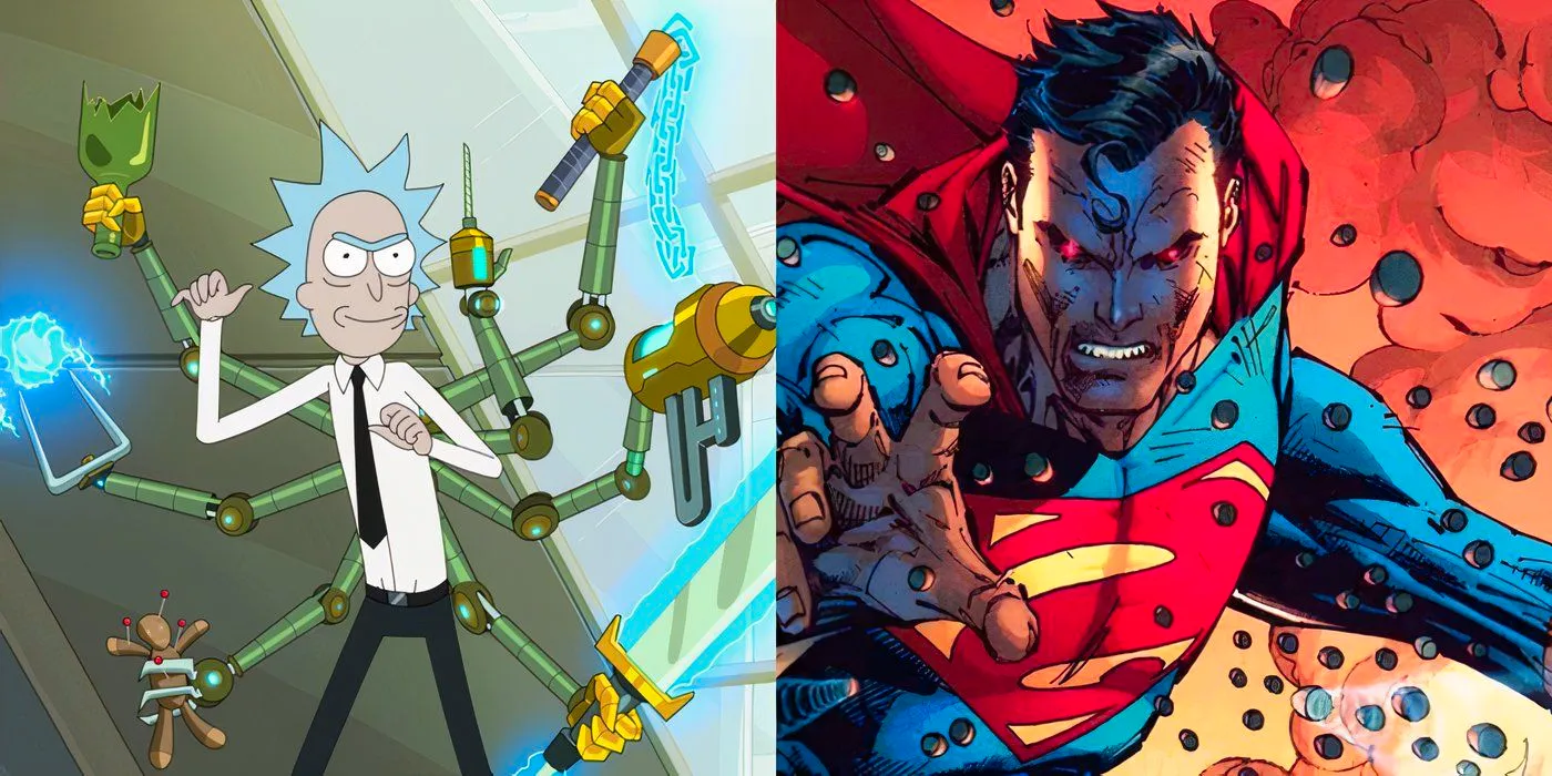 Superman and Rick from Rick and Morty side-by-side. Image