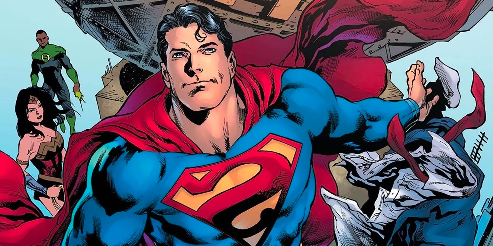 Superman flying in the comics with the Justice League Image