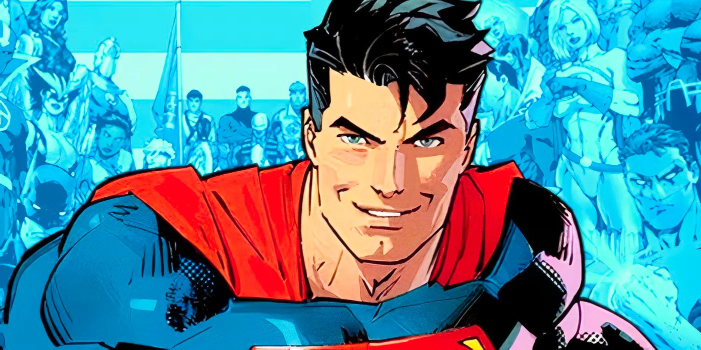 Superman (foreground) with the Justice League assembled in the distance in the background. Image