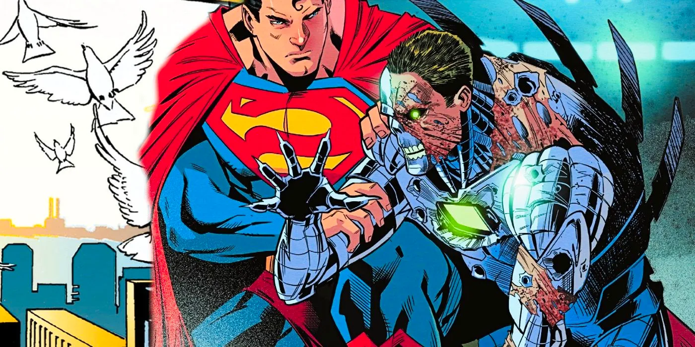 Superman helps Metallo to his feet against a backdrop of doves. Image