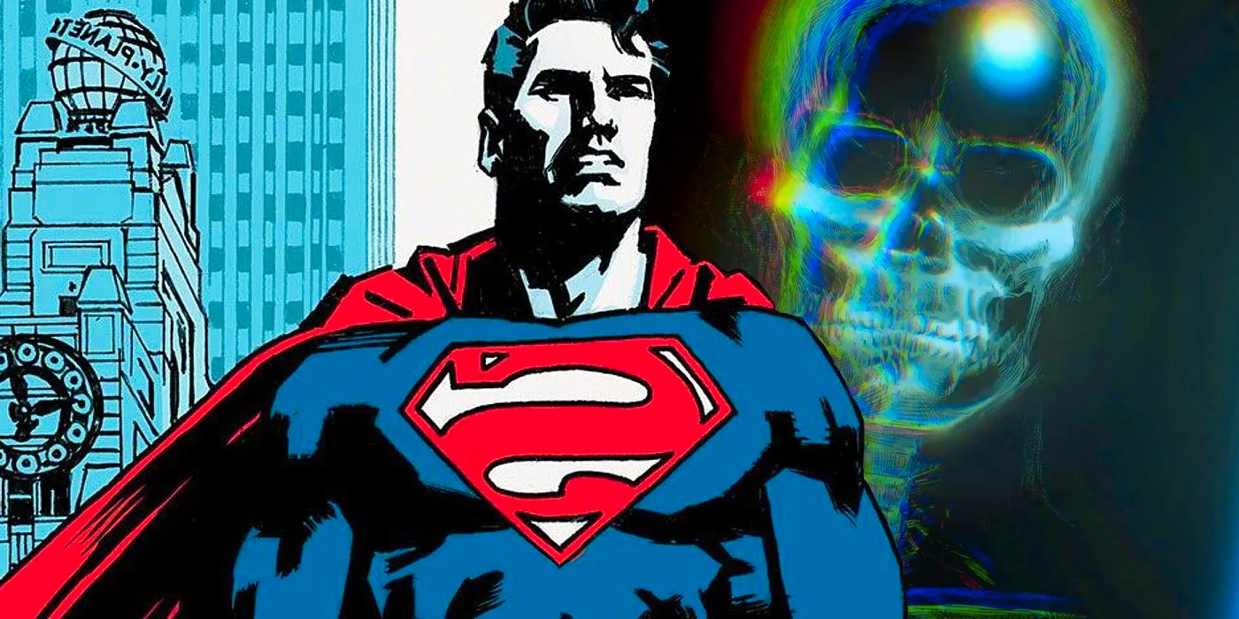 Superman in front of images of a skeleton and the Daily Planet. Image