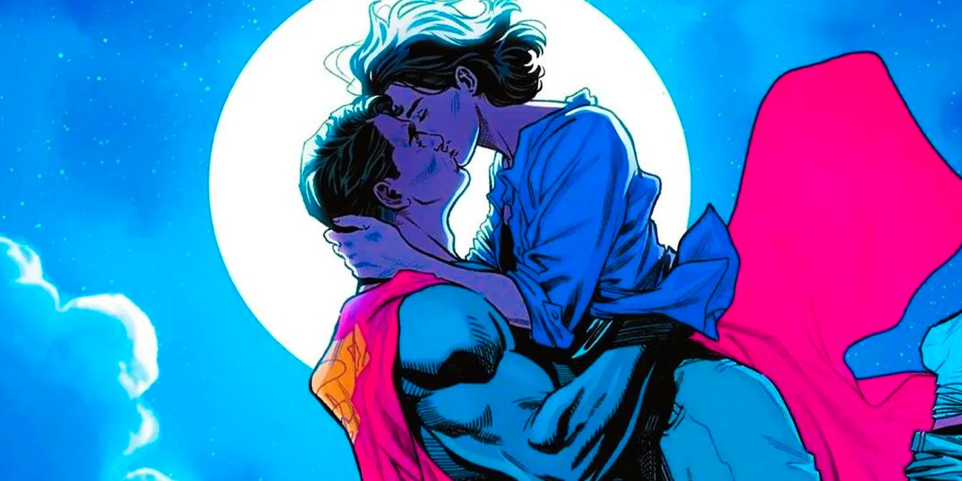 Superman kissing Lois Lane in the sky against a backdrop of a full moon. Image