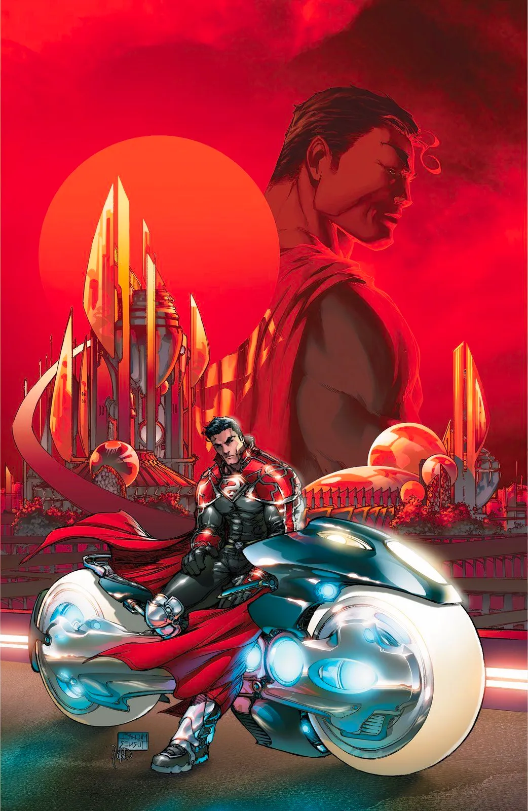 Superman leaning on his Kryptonian motorcycle with Kandor behind him Image