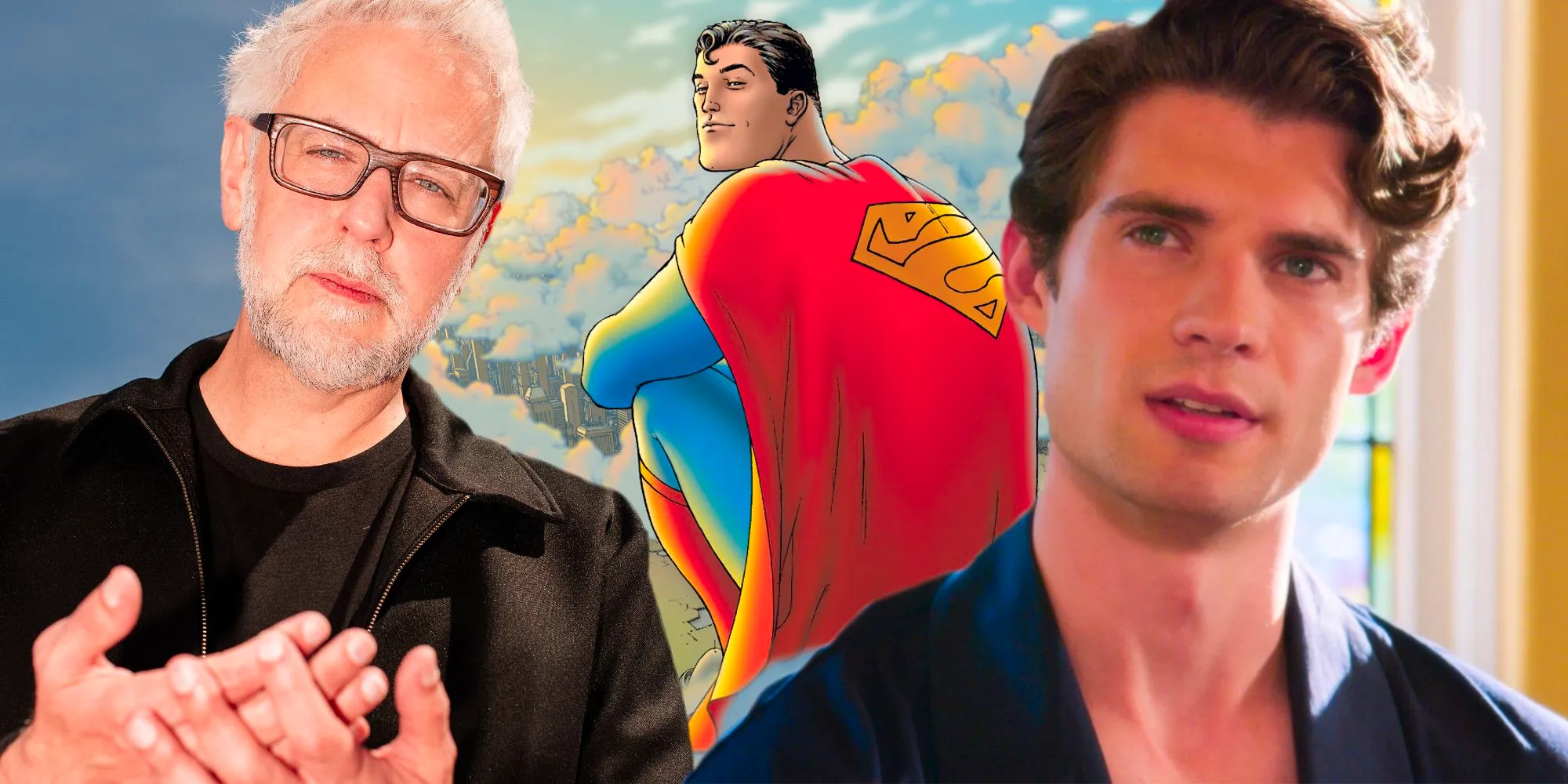 Superman: Legacy artwork next to James Gunn and David Corenswet Image