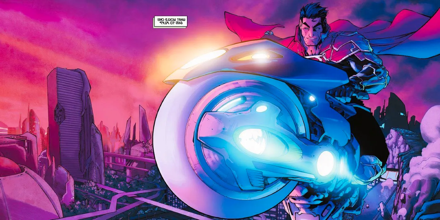 Superman riding a Kryptonian motorcycle across a cityscape wearing a different costume Image