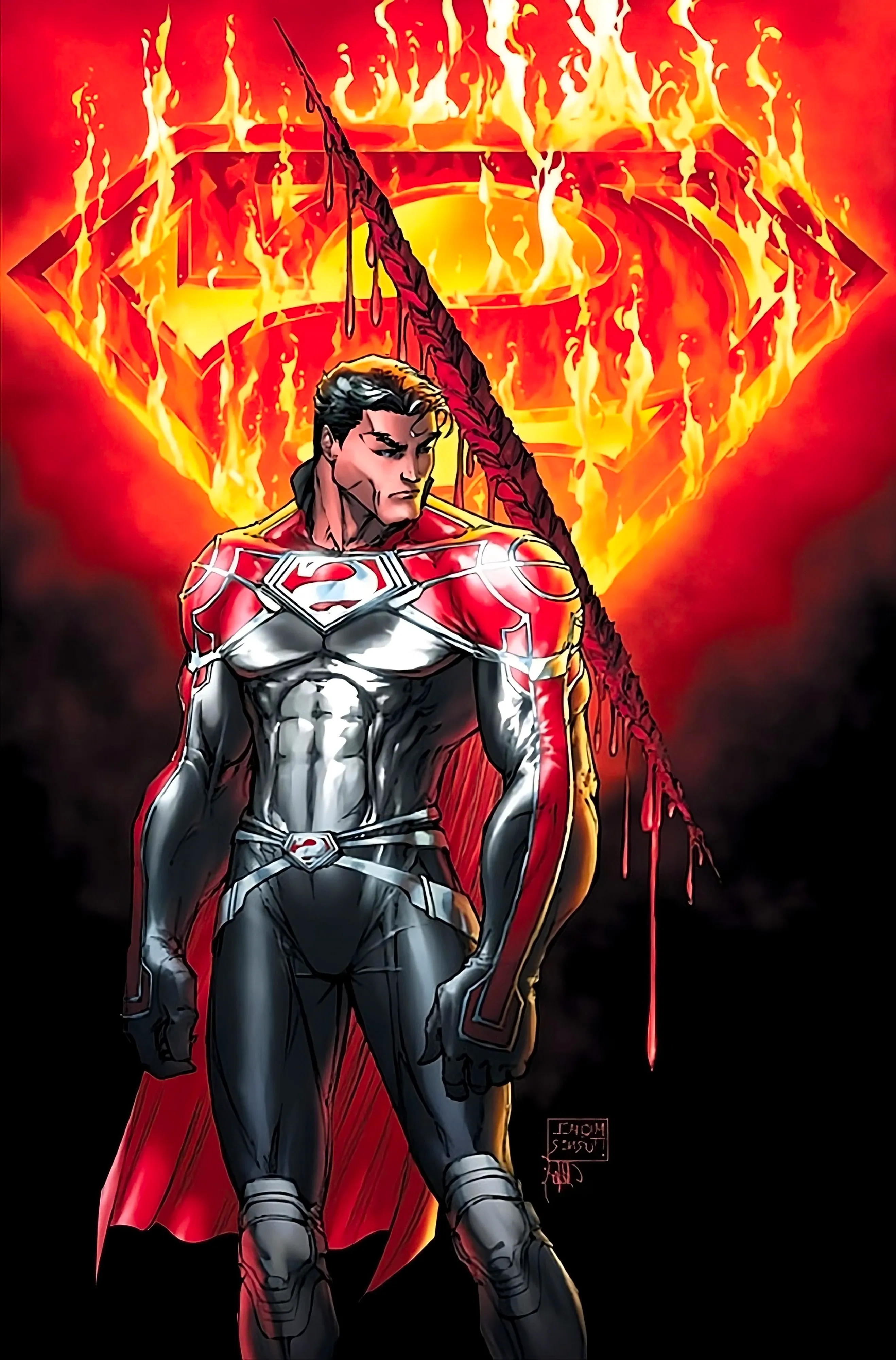 Superman standing in front of a burning logo with Kryptonian costume on Image