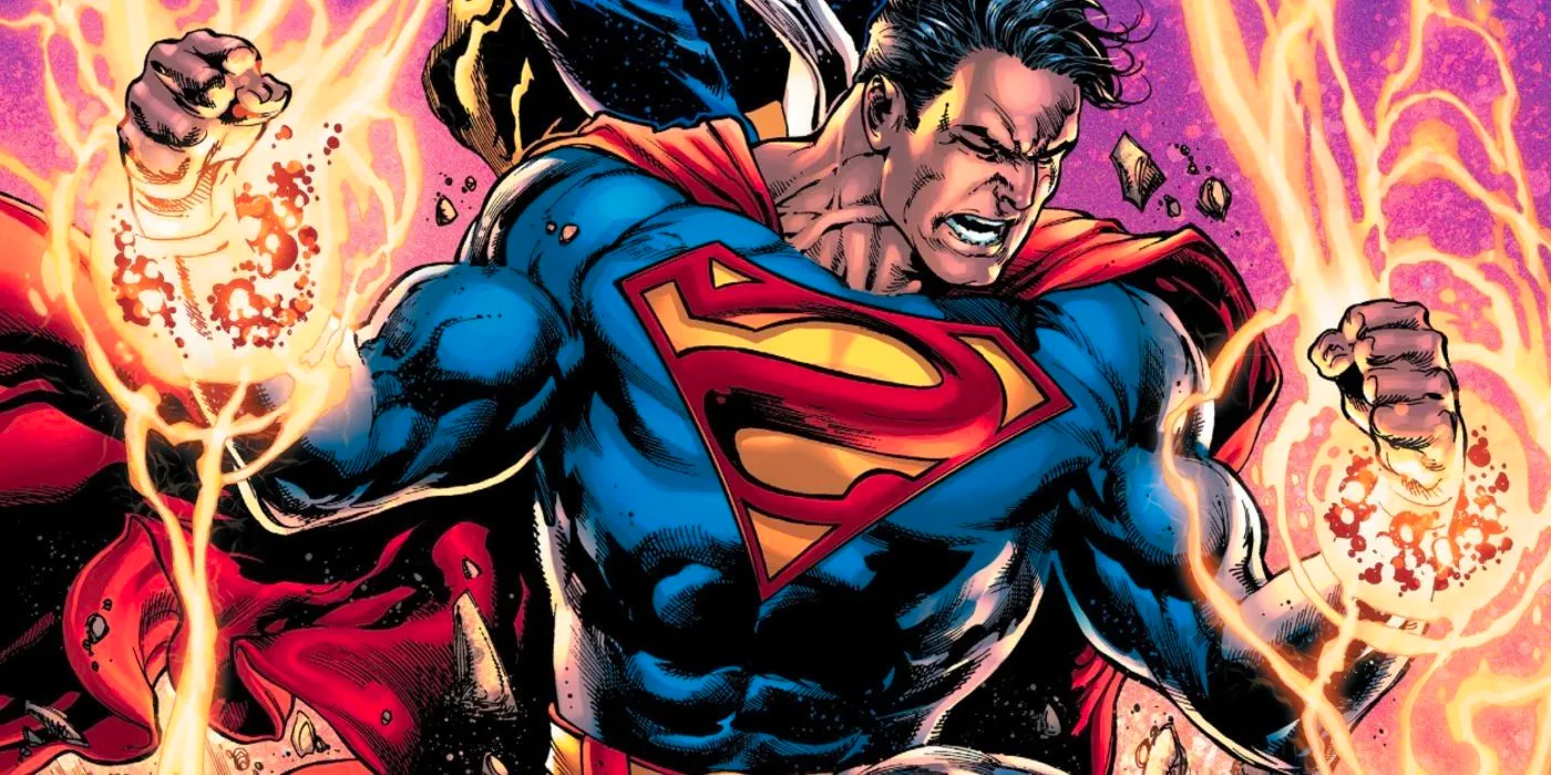 Superman struggling against magic shackles at his wrists  Image