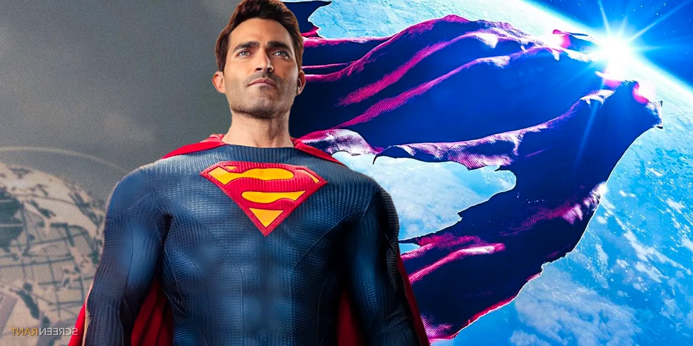 Superman's cape flowing dramatically in space next to Tyler Hoechlin's Superman Image