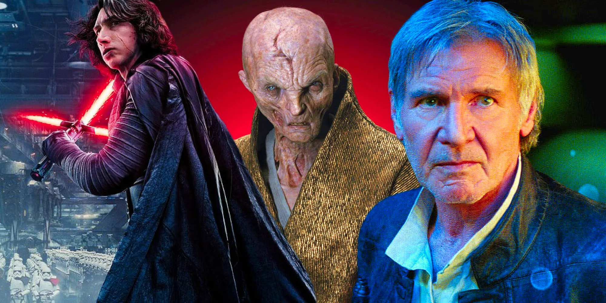 Supreme Leader Snoke, Han Solo, and Kylo Ren as seen in the Star Wars sequel trilogy Image