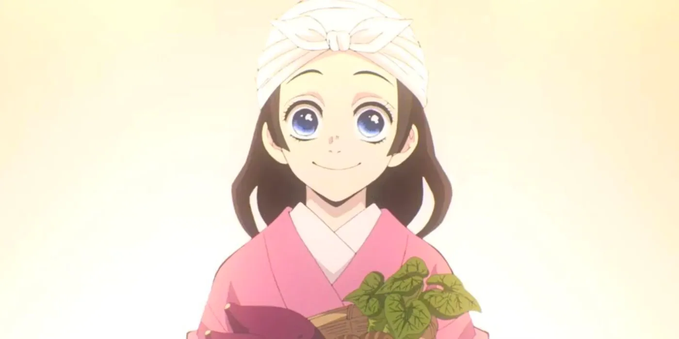 Suyako Kamado smiling and holding a plant Image