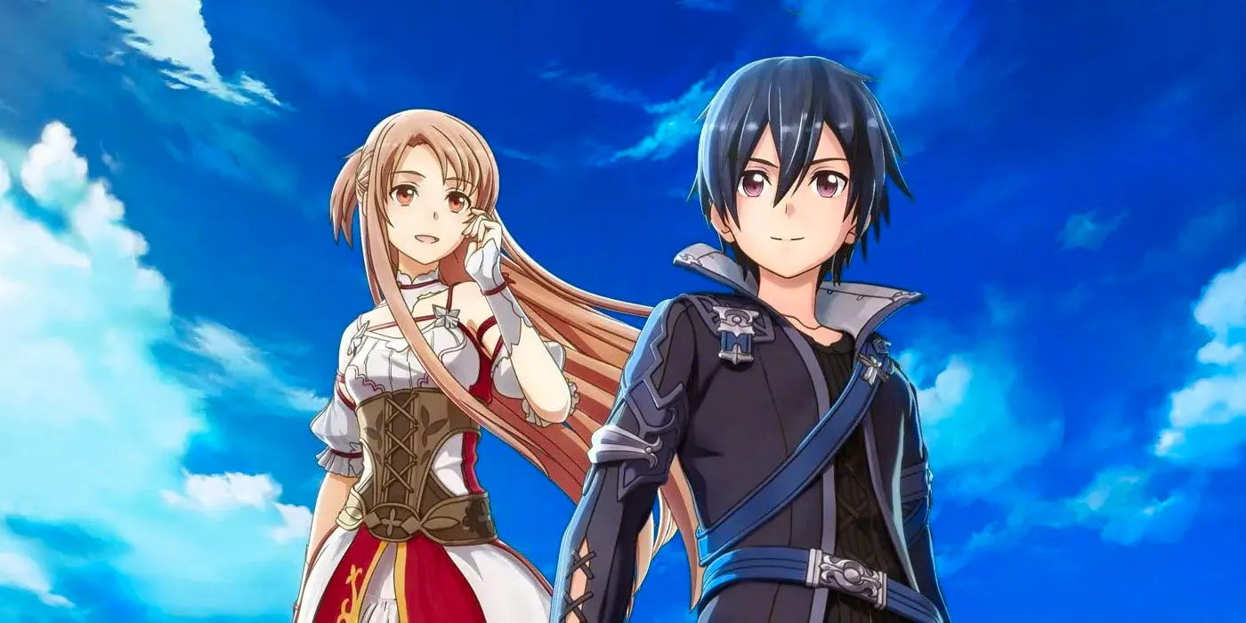 Sword Art Online Hollow Realization Cover Art featuring Kirito and Asuna standing together under a blue sky. Image