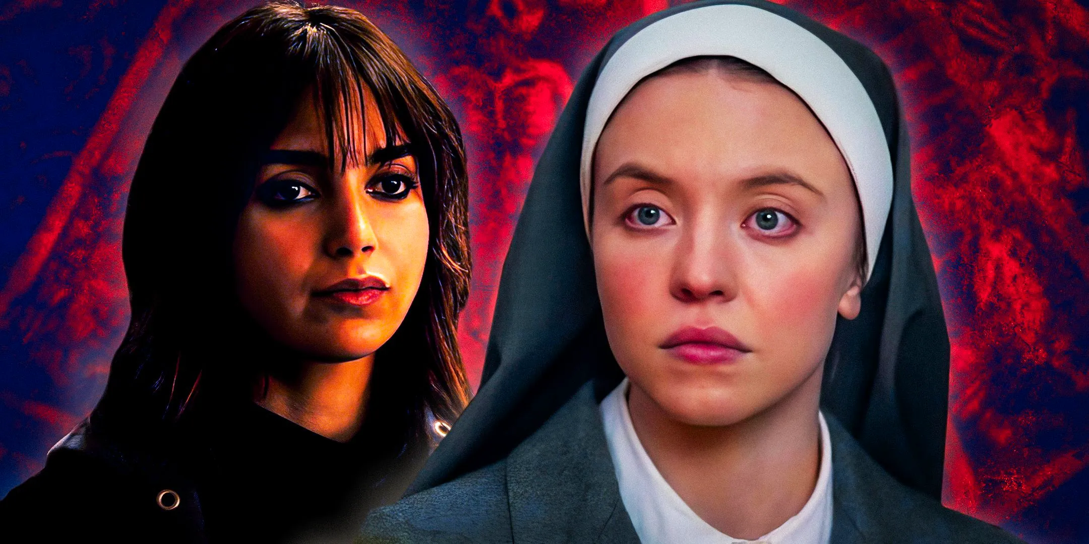 Sydney Sweeney as Sister Cecilia in Immaculate and Melissa Barrera as Joey in Abigail Image