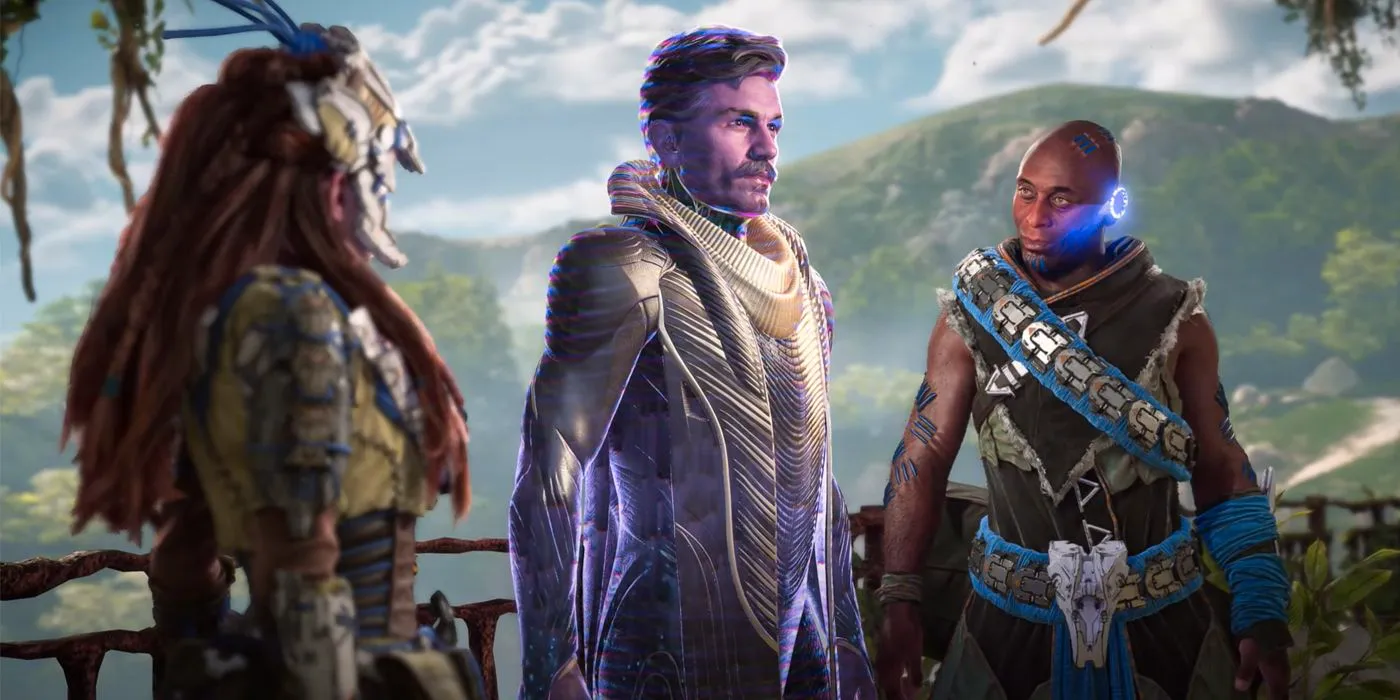 Sylens tells Aloy about a surviving Far Zenith called Walter Londra, whose hologram is projected between them in Horizon Forbidden West's Burning Shores DLC Image