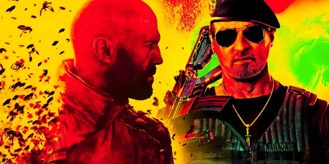 Sylvester Stallone as Barney from The Expendables 4 with Jason Statham in The Beekeeper poster collage Image