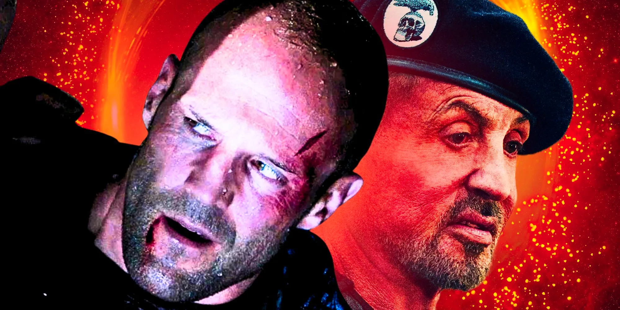 Sylvester Stallone as Barney in Expendables 4 and a bloody Jason Statham as Phil Broker in Homefront Image