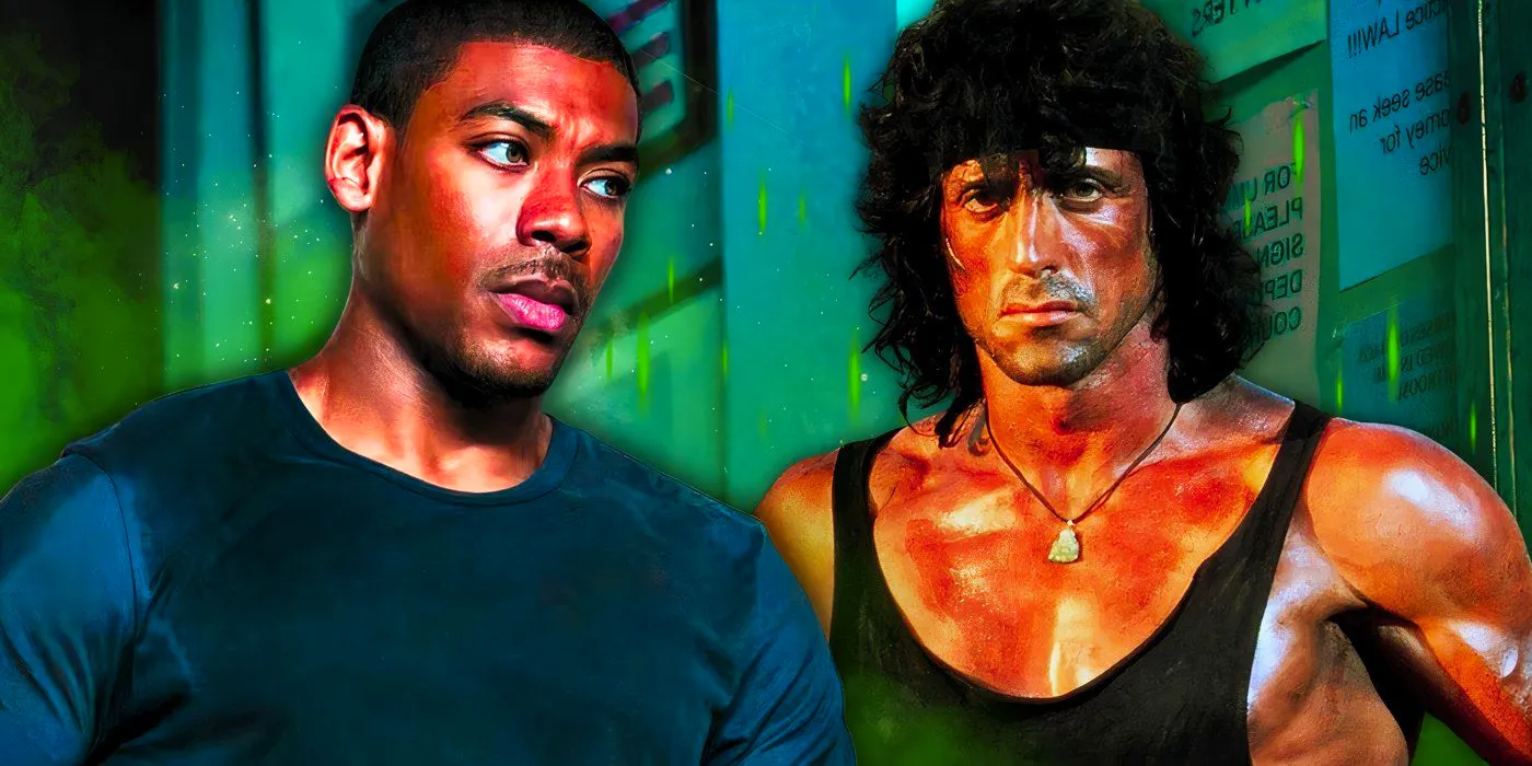 Sylvester Stallone as John Rambo in First Blood and Aaron Pierre as Terry Richmond in Rebel Ridge Image