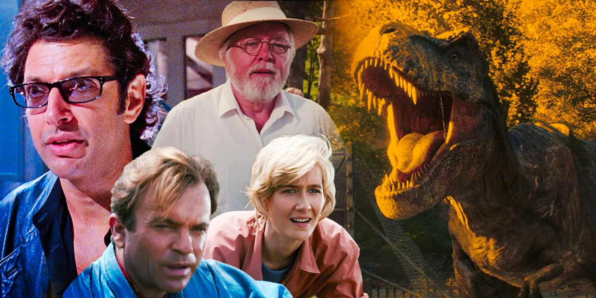 T Rex from Jurassic Park next to a collage of Jurassic Park's characters Image