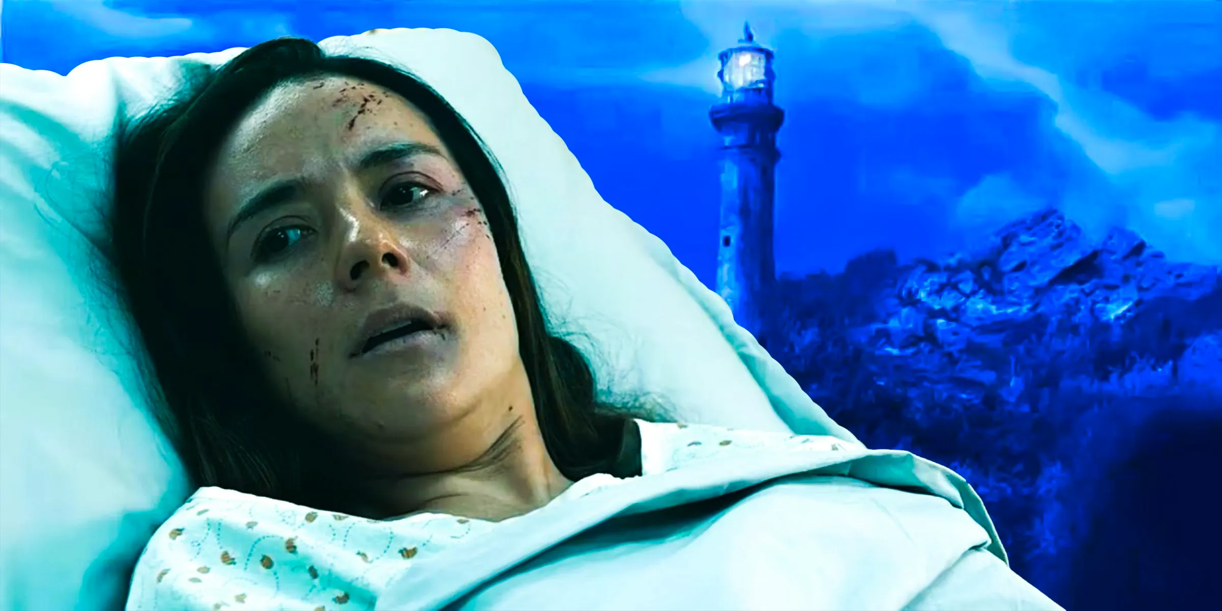 Tabitha laying on a hospital bed with the Lighthouse behind her in From season 2 Image