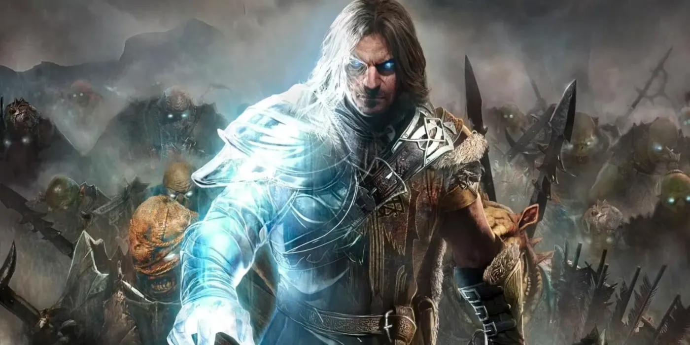 Talion leading an orc army with one half showing the Elf wraith he's bonded with in Shadow of Mordor. Image