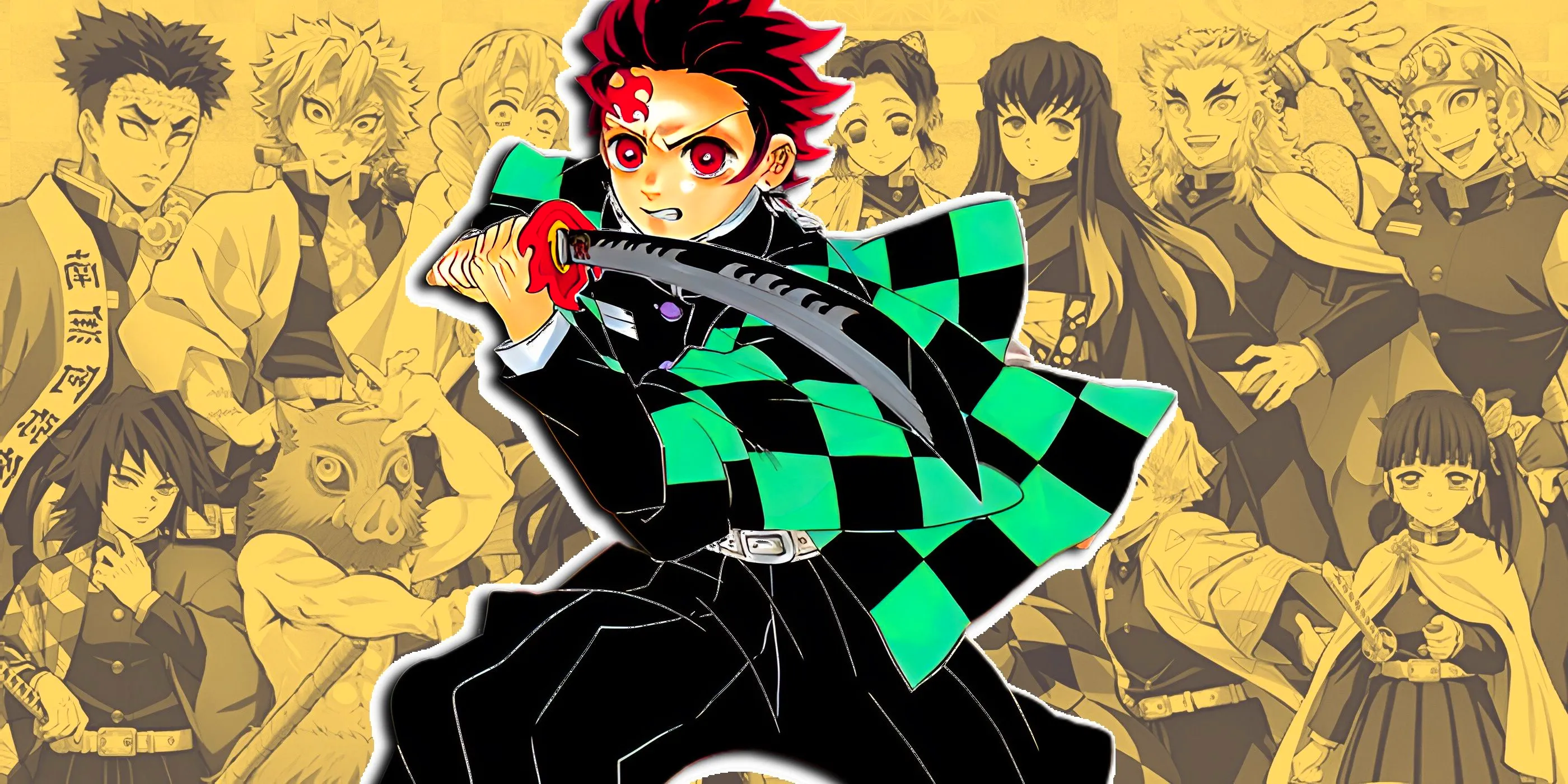 tanjiro from demon slayer in from of the hashiras, zenitsu, inosuke and kanao Image