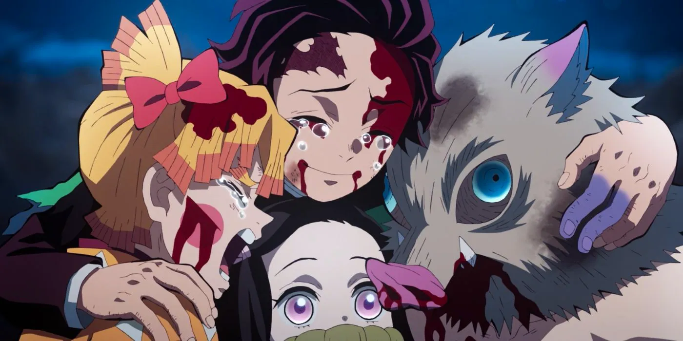 Tanjiro reuniting with Zenitsu and Inosuke in Demon Slayer, depicting the four main characters embracing each other with tears in their eyes. Image