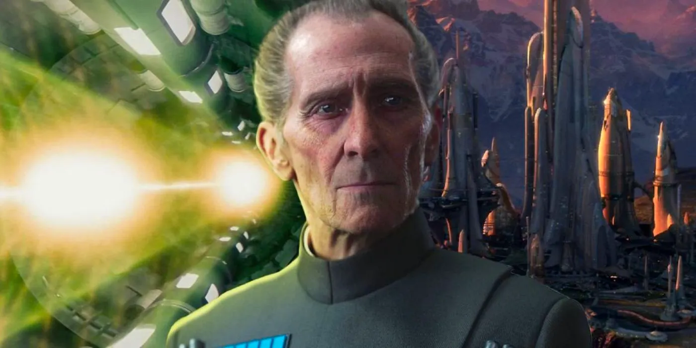 Tarkin with the Death Star laser and the landscape of Alderaan behind him. Image