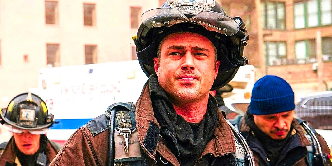 Taylor Kinney as Severide looking at a dangerous scene with a concerned expression in Chicago Fire Image