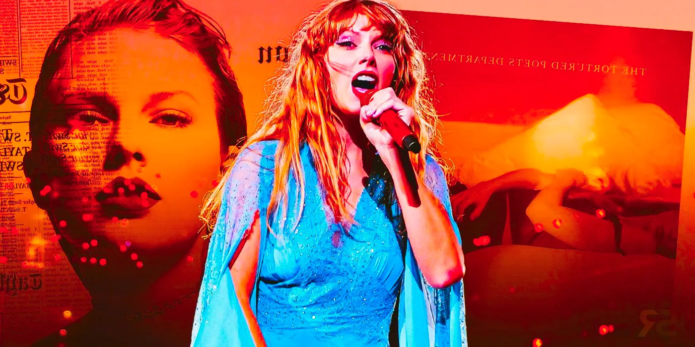 Taylor Swift performing in The Eras Tour with The Tortured Poets Department and Reputation album covers Image