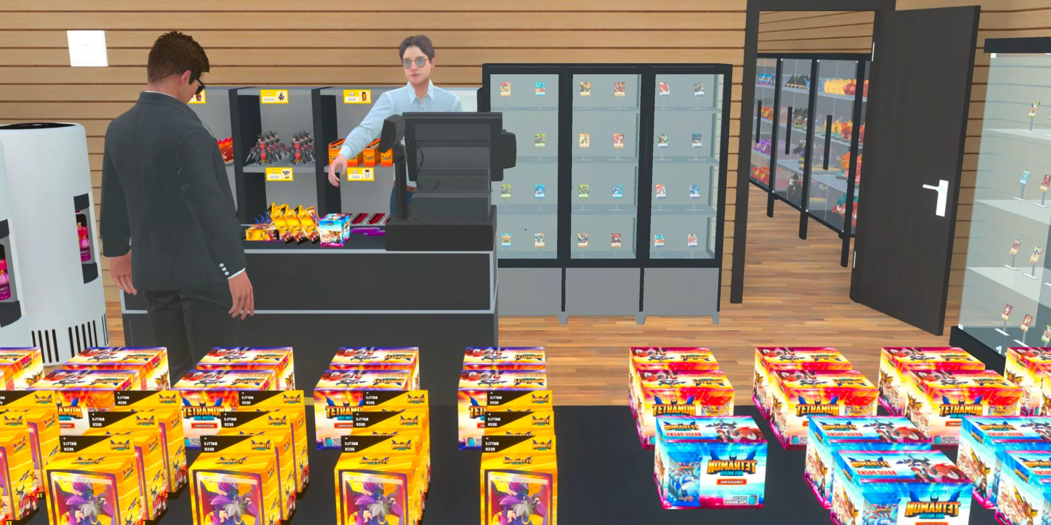 TCG Card Shop Simulator with a customer checking out some Tetramon product Image