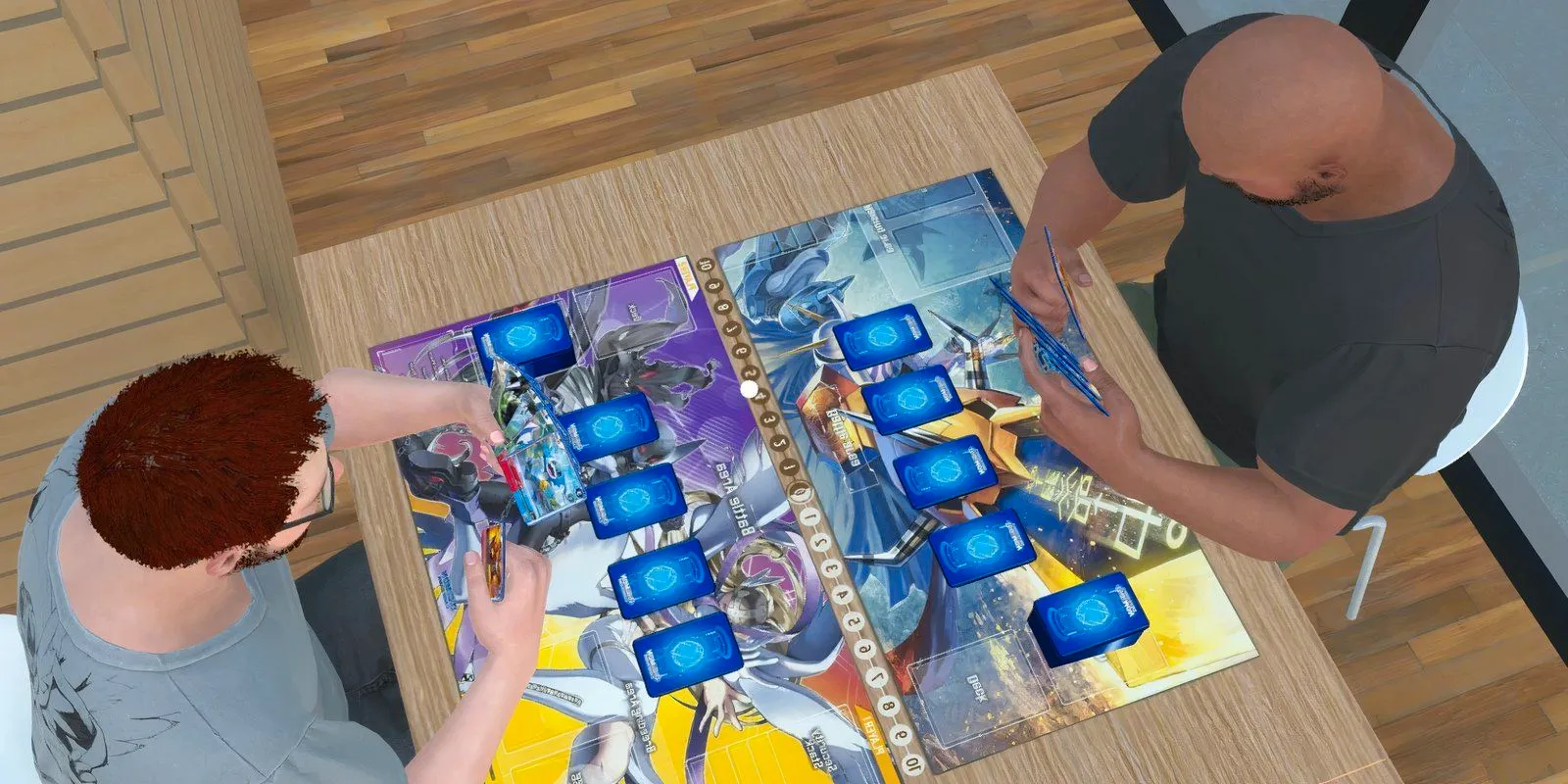 TCG Card Shop Simulator with two NPC's having a Digimon battle. Image